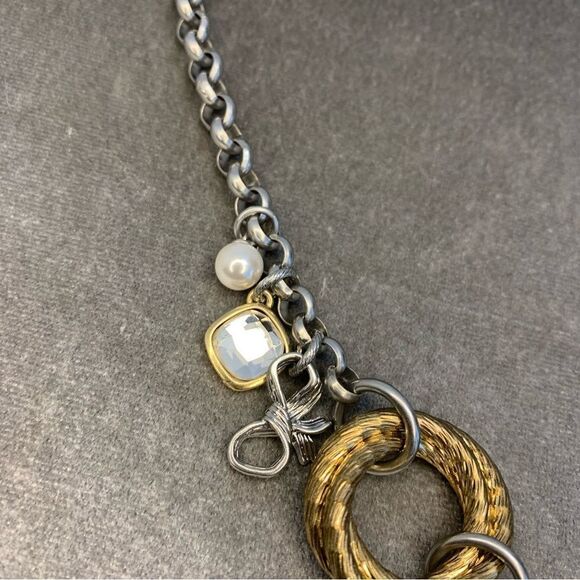 GOLD and silver tone charm necklace bow ring flower pearl - Picture 8 of 11